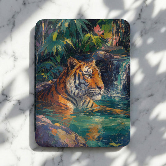 Tiger in jungle water with waterfall, oil painting textured style.