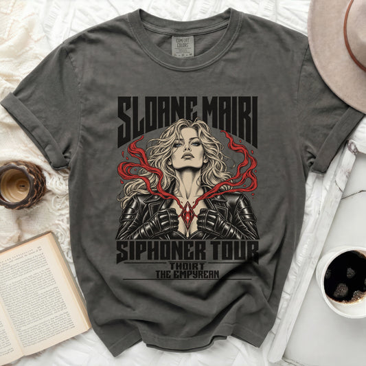 Sloane Mairi Siphoner Tour graphic t-shirt featuring a woman and tour text.