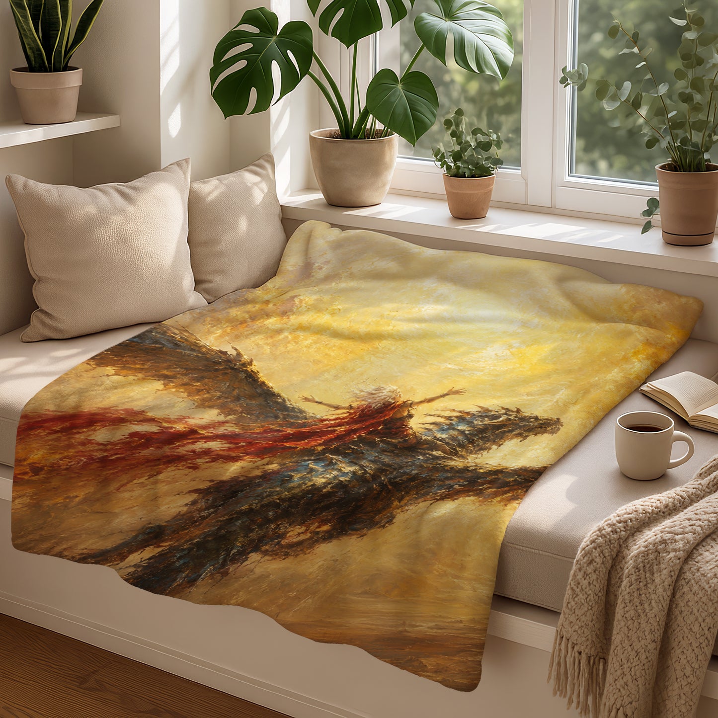 Blanket with a fantasy art print of a winged figure riding a creature in a golden landscape.