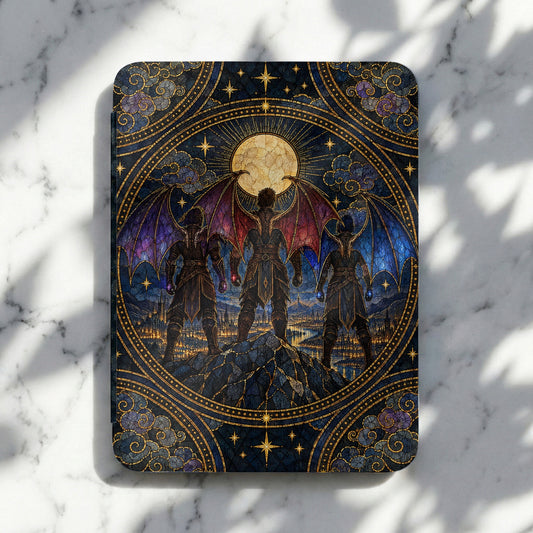Protective e-reader case featuring a stained glass illustration of three winged figures standing on a mountain.