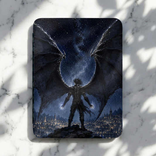 Dark angel figure with large wings stands over a glowing city under a starry sky.