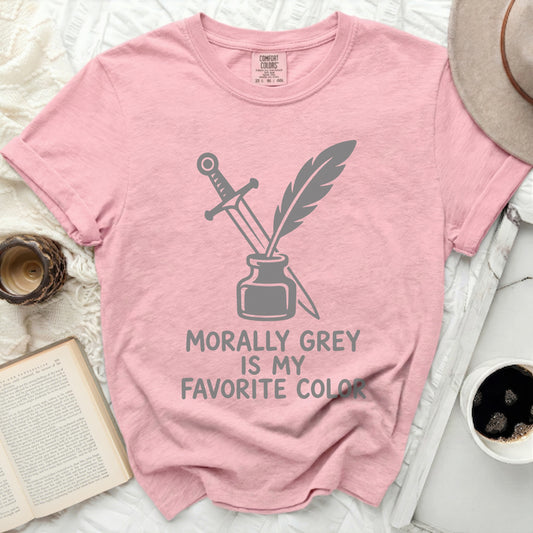 Pink t-shirt with sword, quill, inkwell, and text "Morally Grey is my favorite color."