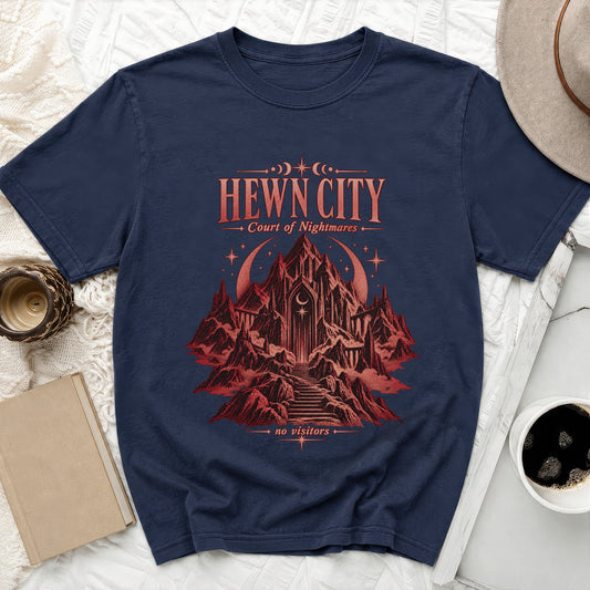 Navy t-shirt with "Hewn City Court of Nightmares no visitors" text and castle graphic.