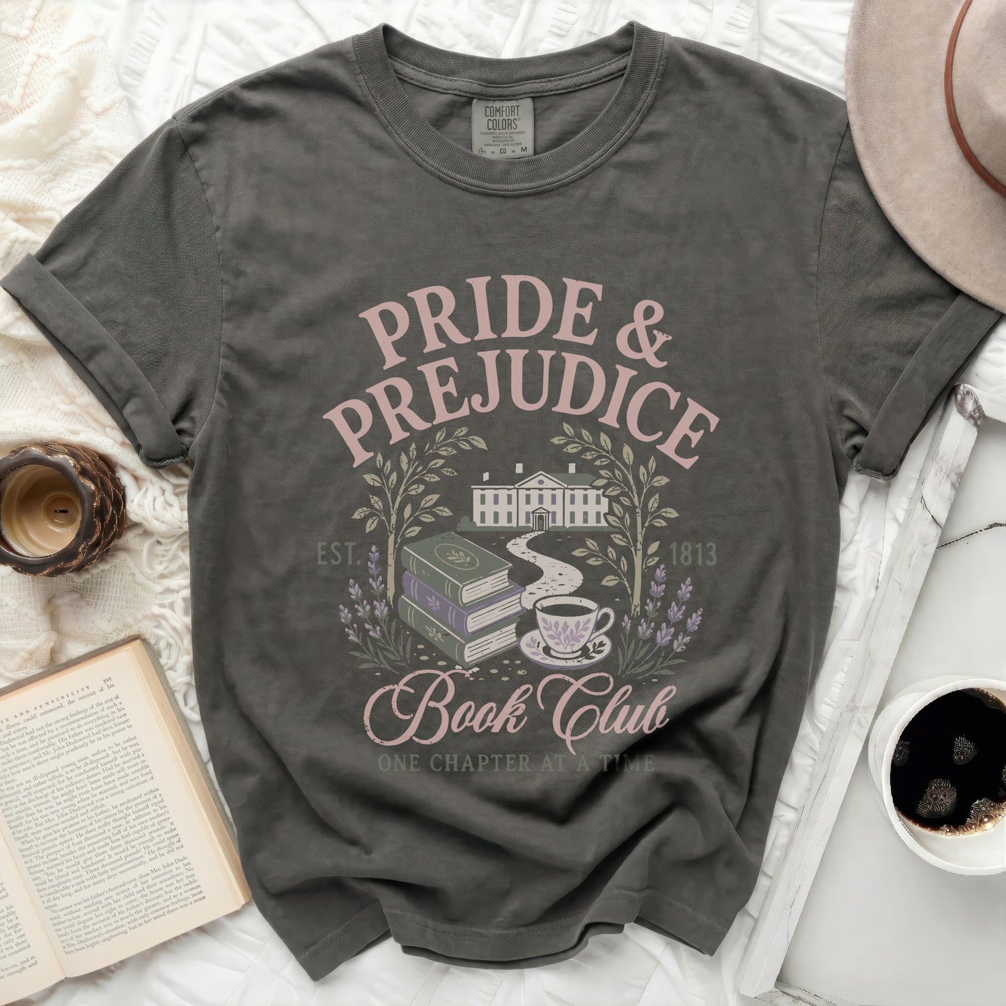 Pride & Prejudice Book Club graphic t-shirt with books and tea.