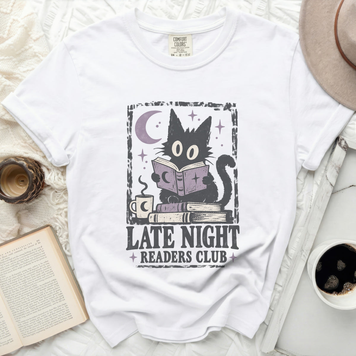 Black cat reading a book with "Late Night Readers Club" text.