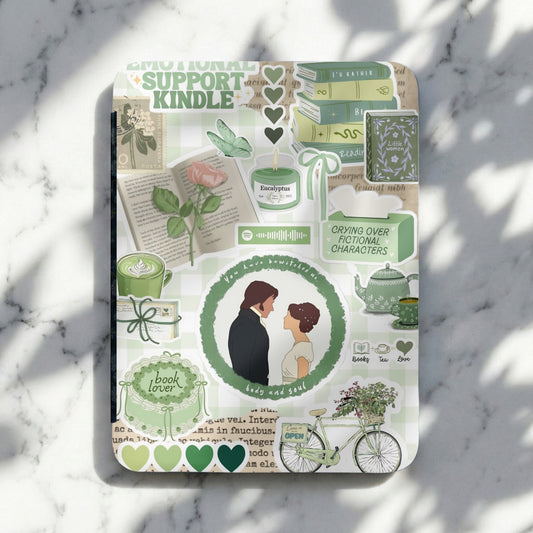 Green themed journaling stickers with books, tea, a candle, and romantic couple illustration.