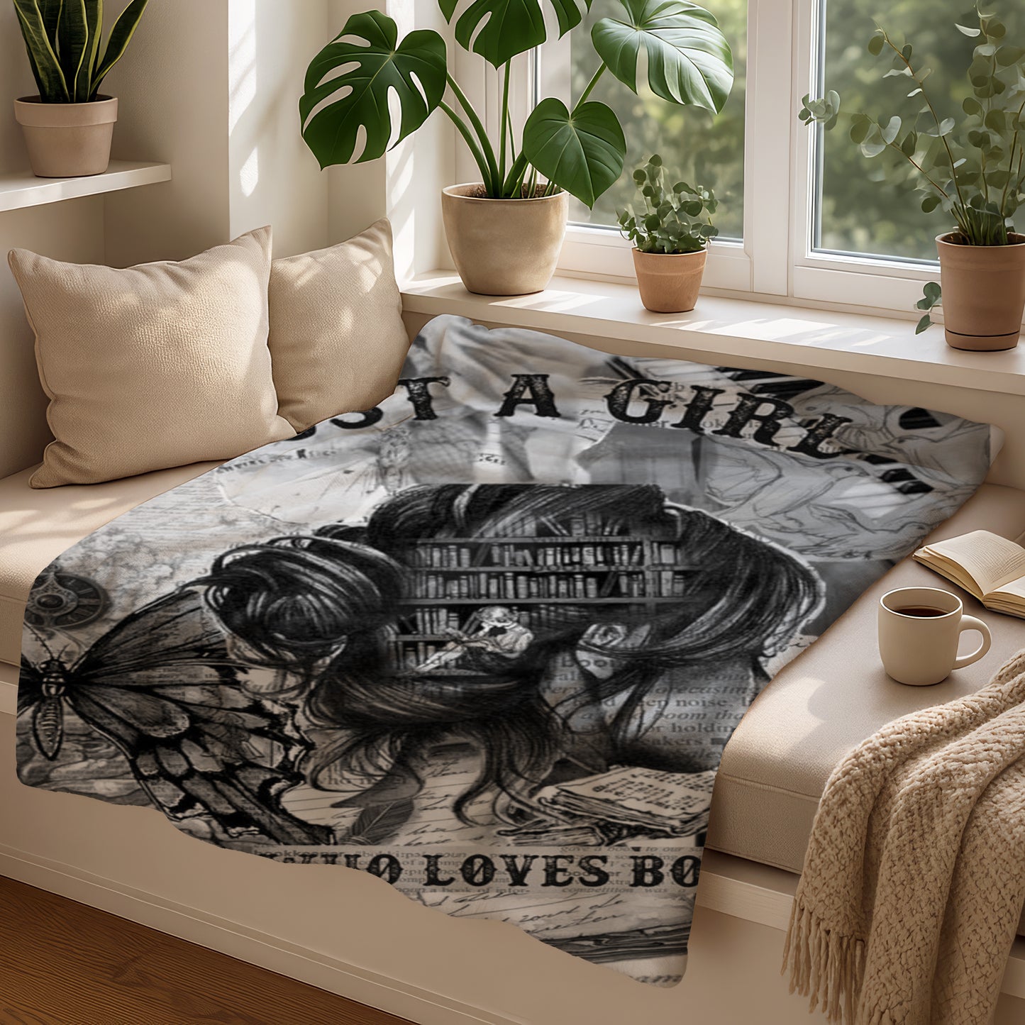 Black and white illustration of a woman reading a book surrounded by nature, with text "NOT A GIRL WHO LOVES BOOKS".