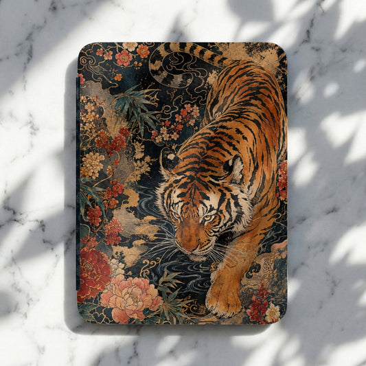 Tiger and floral art on a dark background with swirling gold accents.