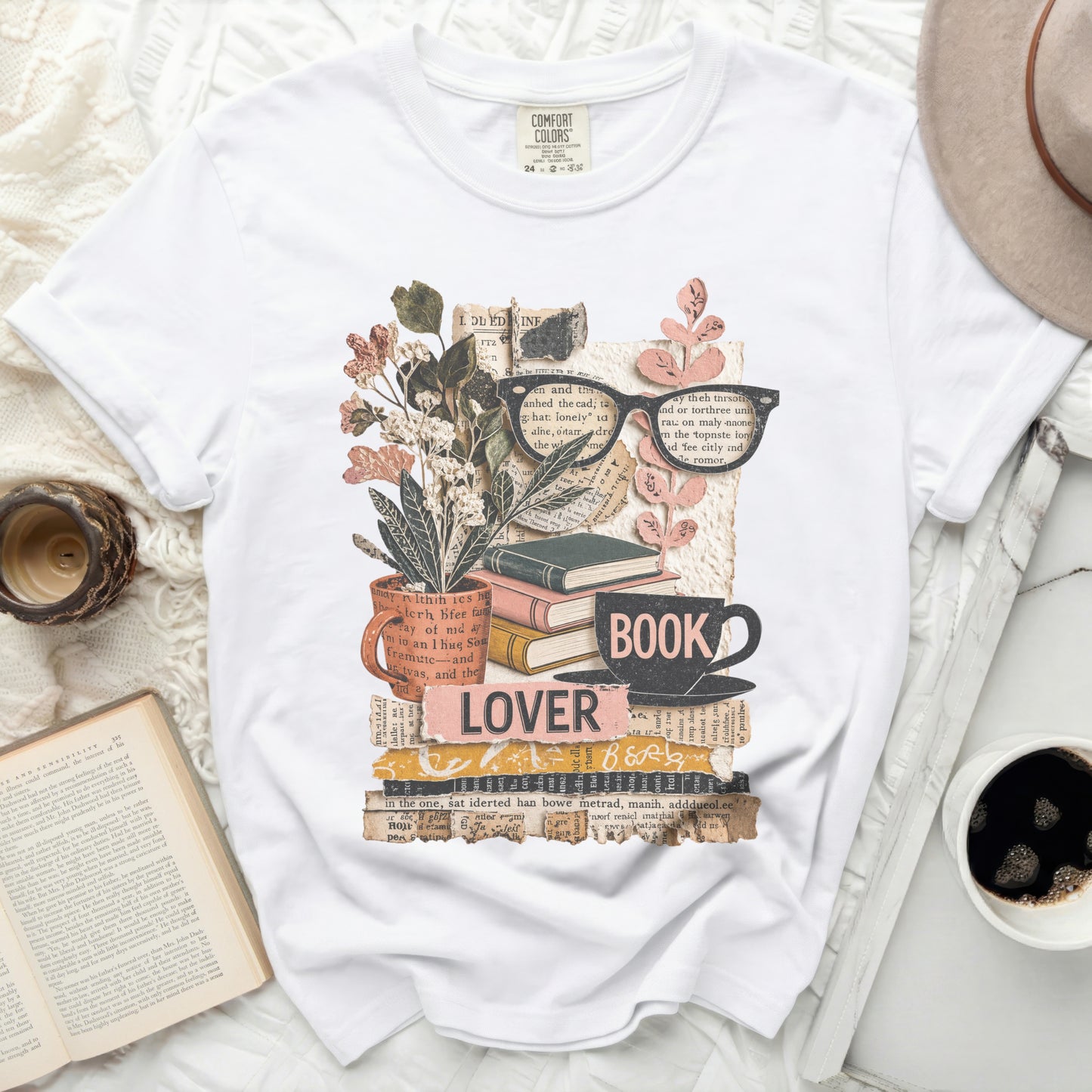 T-shirt with floral, book, and "BOOK LOVER" graphic.