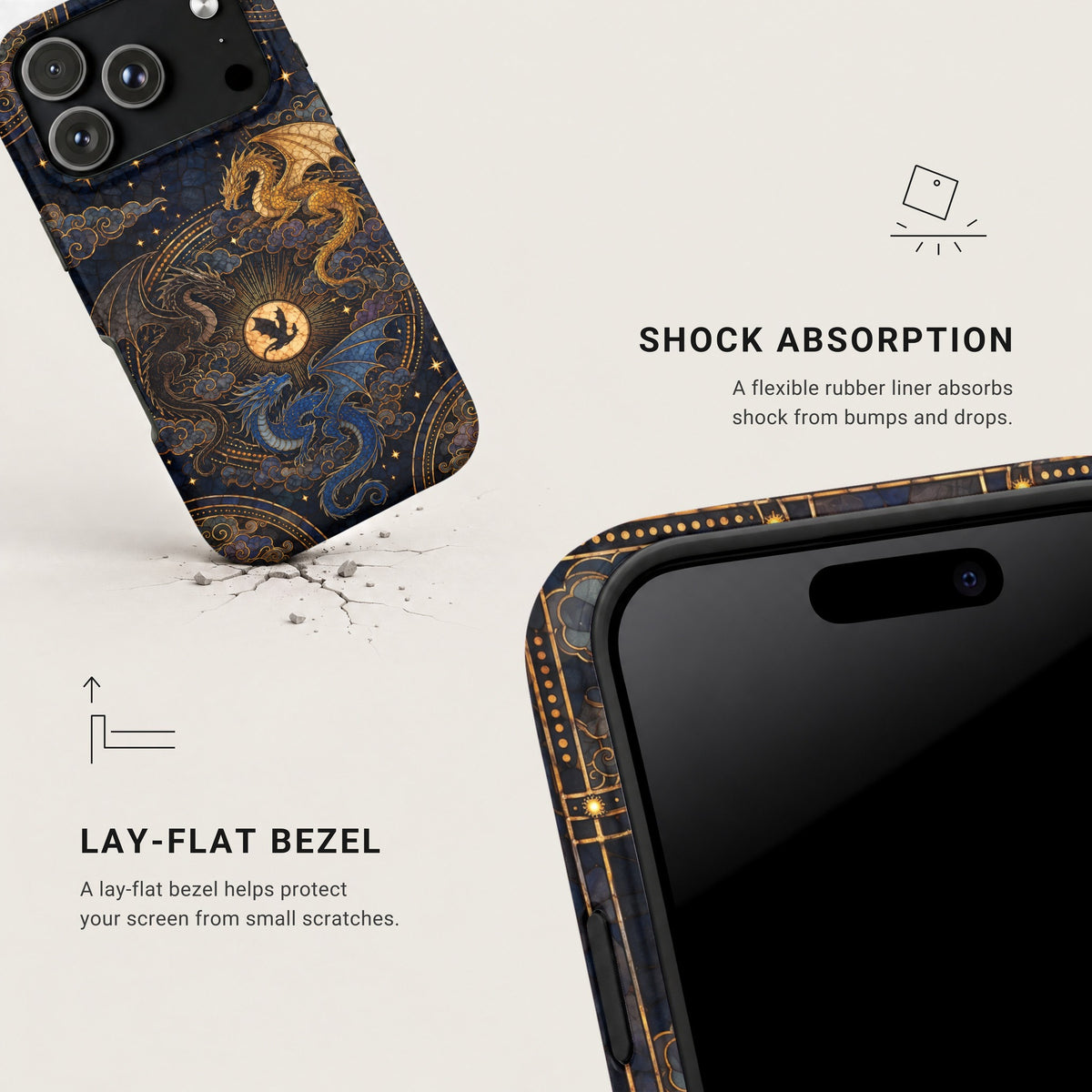 An angled view of a phone case with a dragon design, highlighting shock absorption and lay-flat bezel features.