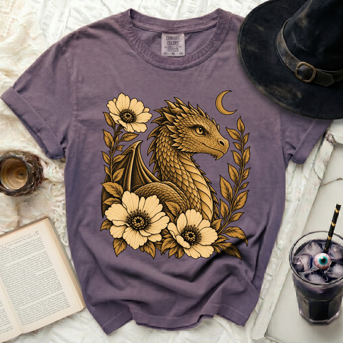 Purple t-shirt with gold dragon and floral design, comfort colors label visible.