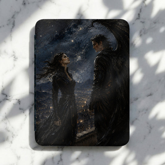 Painting of a dark-haired woman and a winged man against a starry night sky and city lights.