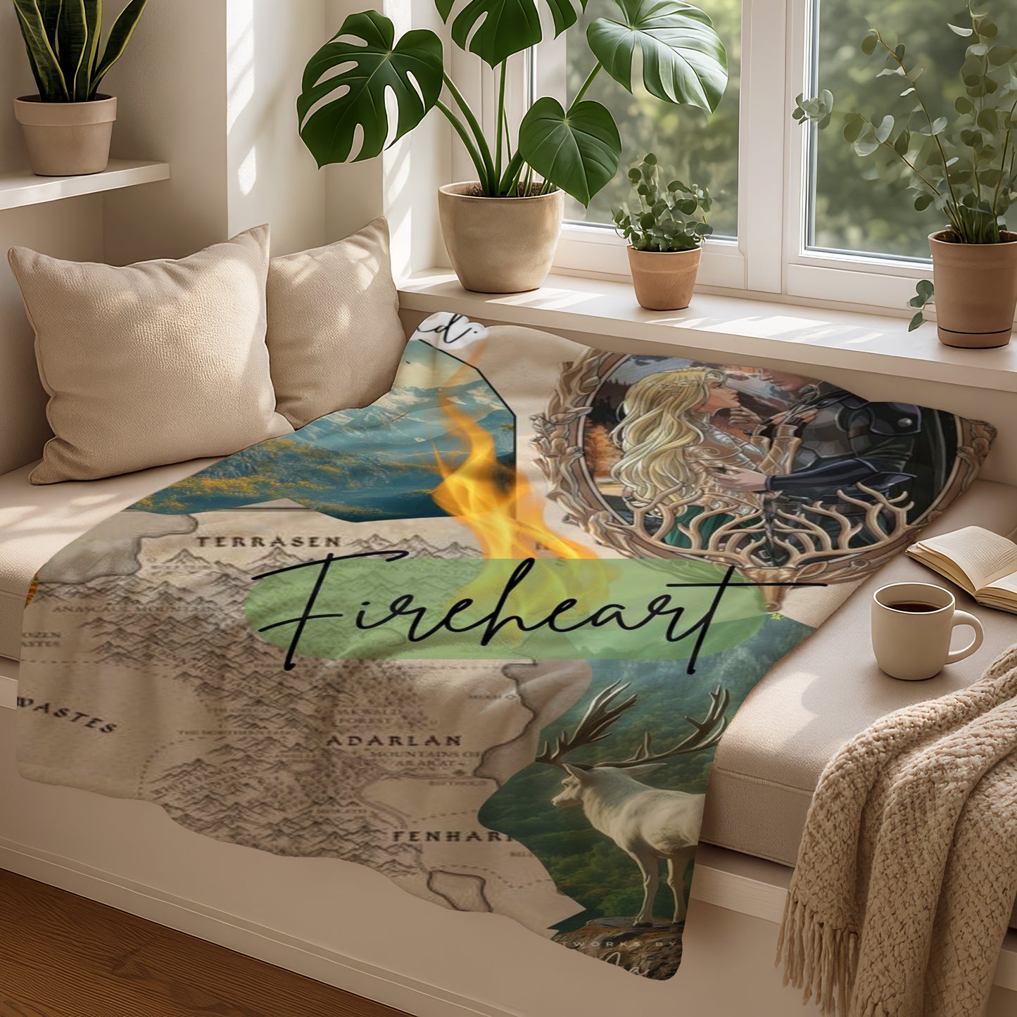Fantasy-themed blanket with map, flames, white stag, and couple.