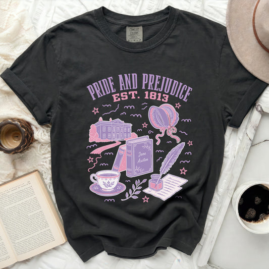 Black t-shirt with "Pride and Prejudice Est. 1813" and literary graphics.