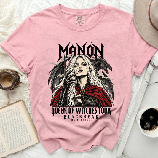 Pink t-shirt with Manon "Queen of Witches Tour Blackbeak" dragon design.
