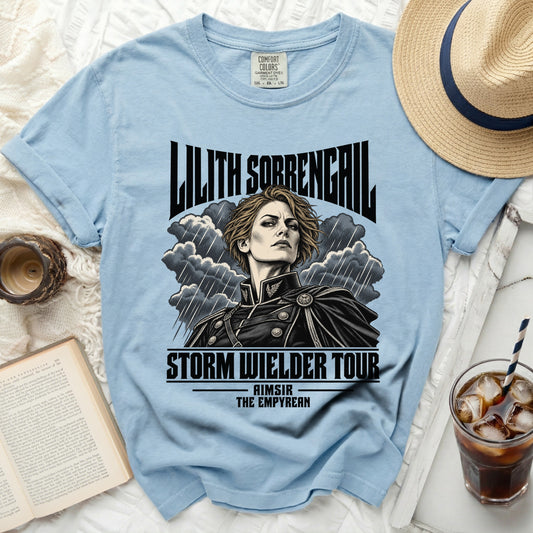 Light blue t-shirt with "Lilith Sorrengail Storm Wielder Tour" graphic.