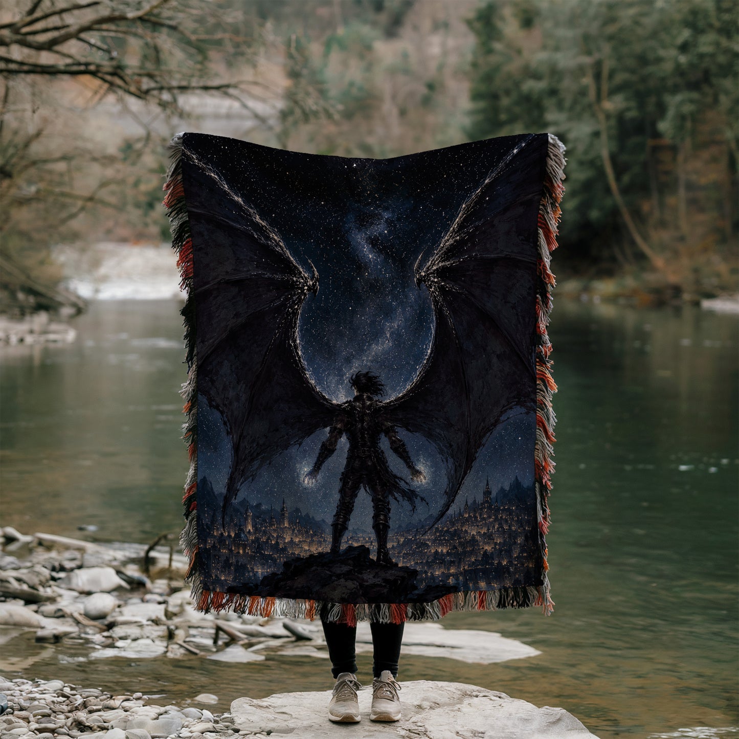 A person stands on a rock, holding a large blanket with a dragon design on it, with a body of water and trees in the background.