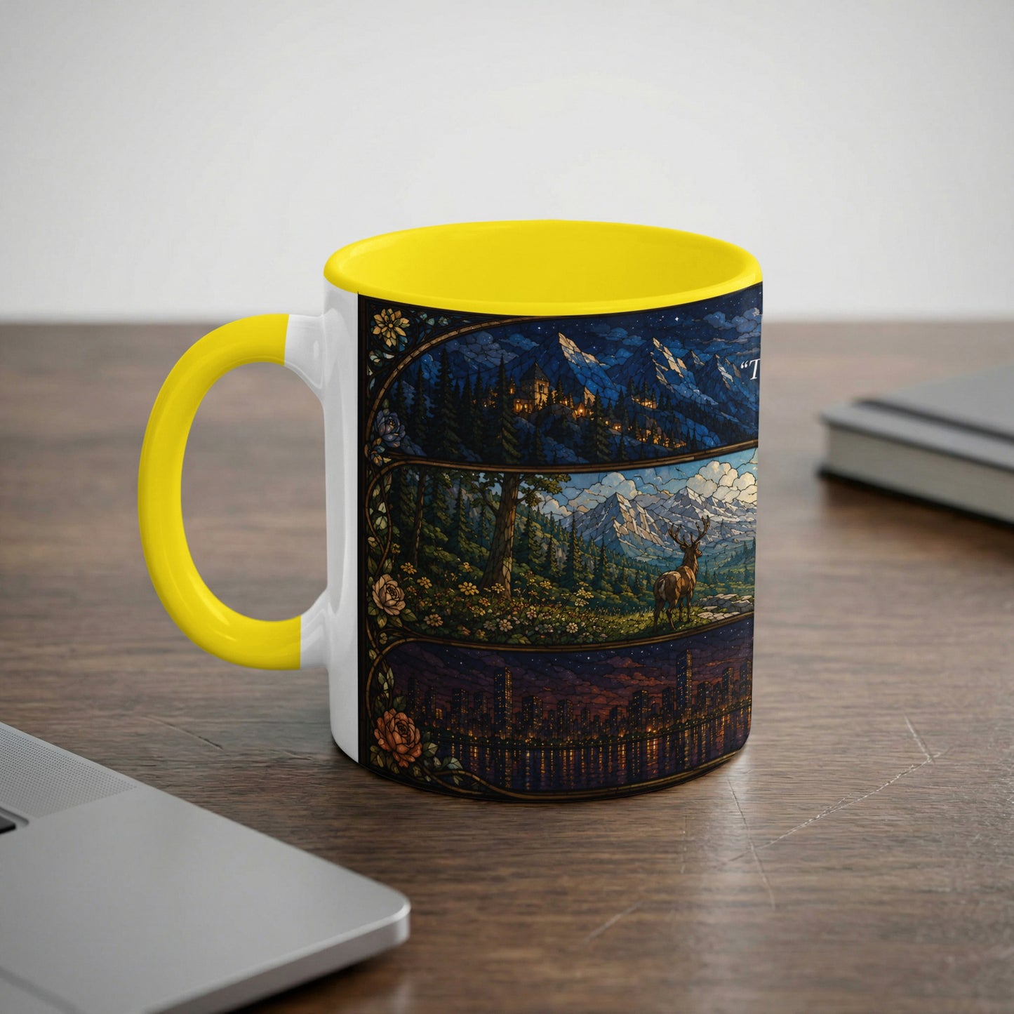 White mug with yellow handle, featuring three stained-glass style scenes.