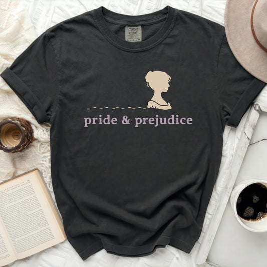 Dark t-shirt with "Pride & Prejudice" and a silhouette.