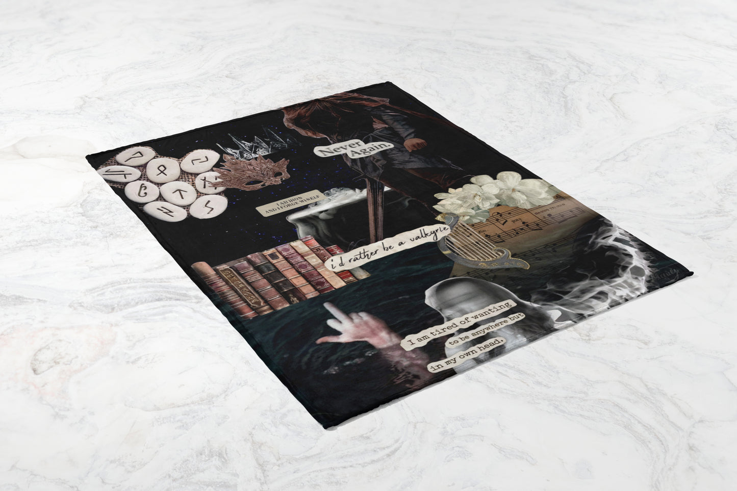 Dreamlike Fantasy Collage on Black Throw Blanket