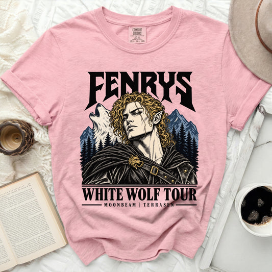 Pink t-shirt with Fenrys White Wolf Tour graphic and wolf imagery.