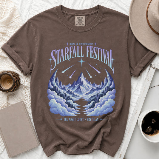 Brown t-shirt with "Starfall Festival" and mountain landscape graphic.