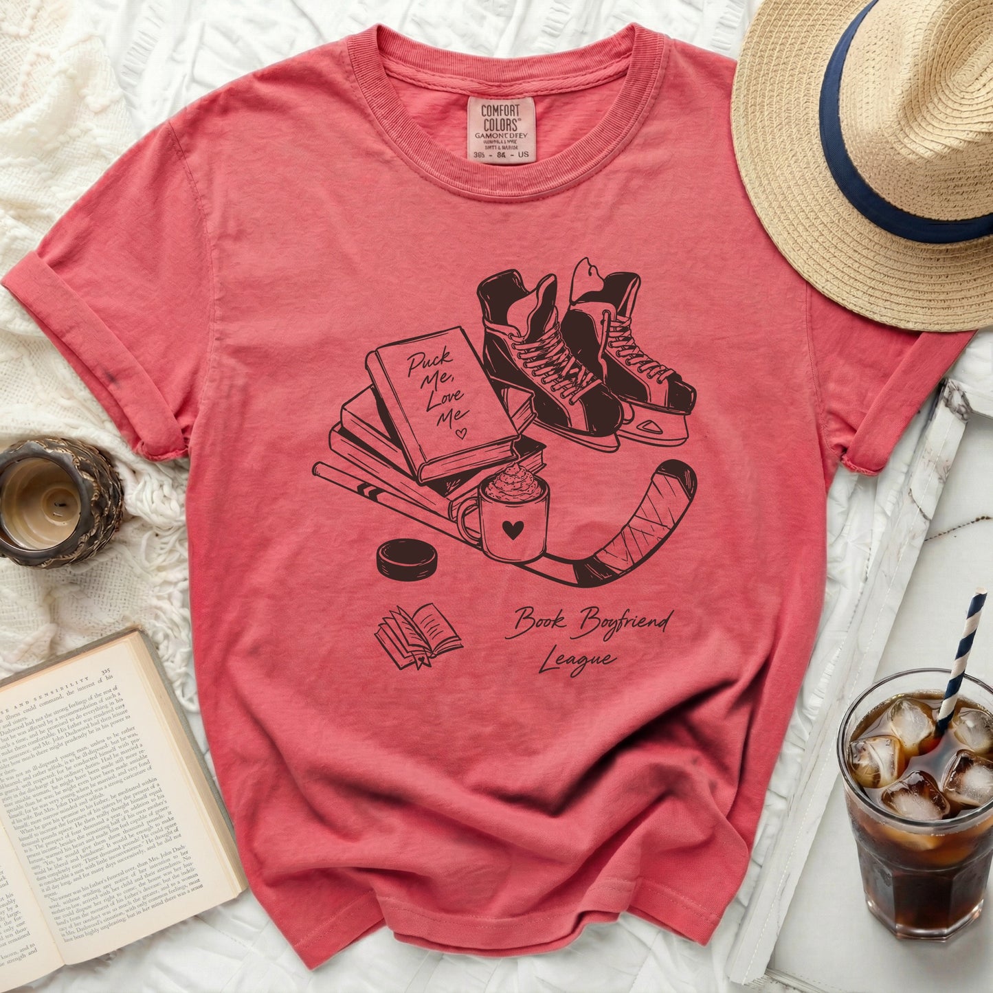 Coral Comfort Colors t-shirt with hockey skates, book, and text.