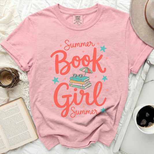 Pink t-shirt with "Summer Book Girl Summer" text and book graphics.