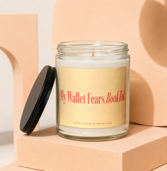 Candle with text "My Wallet Fears BookTok" and "MagicMerchEmporium".