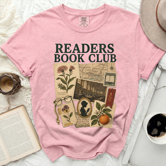 Pink t-shirt with "Readers Book Club" and vintage illustrations.