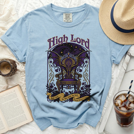 Light blue t-shirt with "High Lord" text and ornate throne graphic.