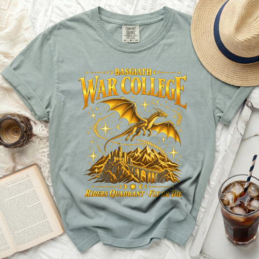 Basgiath War College t-shirt with gold dragon, castle, and text.