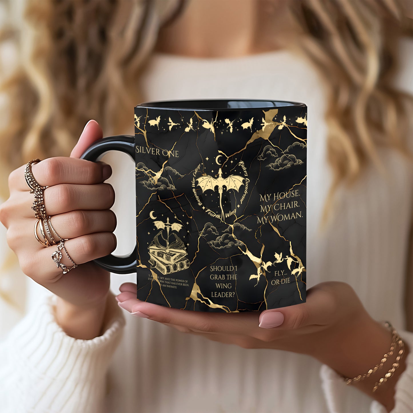 🐉 Fourth Wing Black & Gold Mug | Xaden & Violet Romantasy Cup
