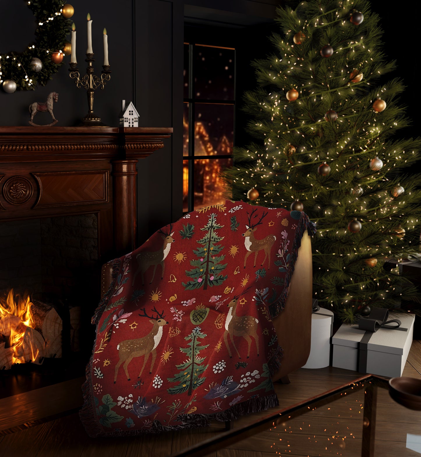 Festive Woodland Deer Christmas Woven Throw Blanket - MagicMerchEmporium