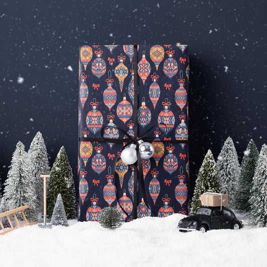 Navy Gift Wrap with Red & Blue Christmas Ornaments