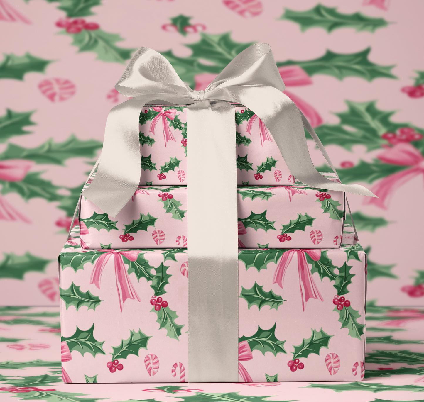 Pink Holly & Bows Christmas Wrapping Paper