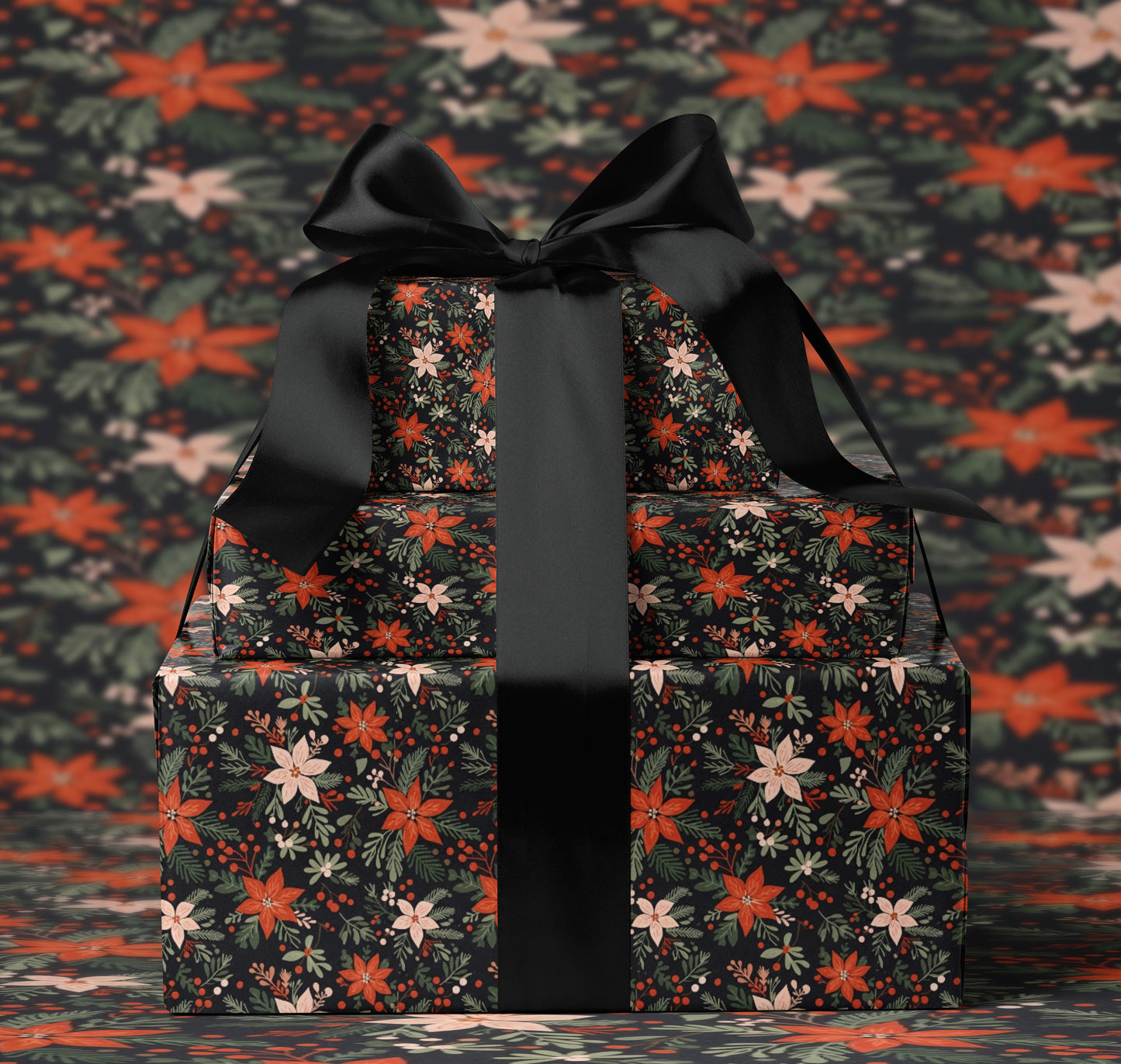 Black Poinsettia Christmas Wrapping Paper