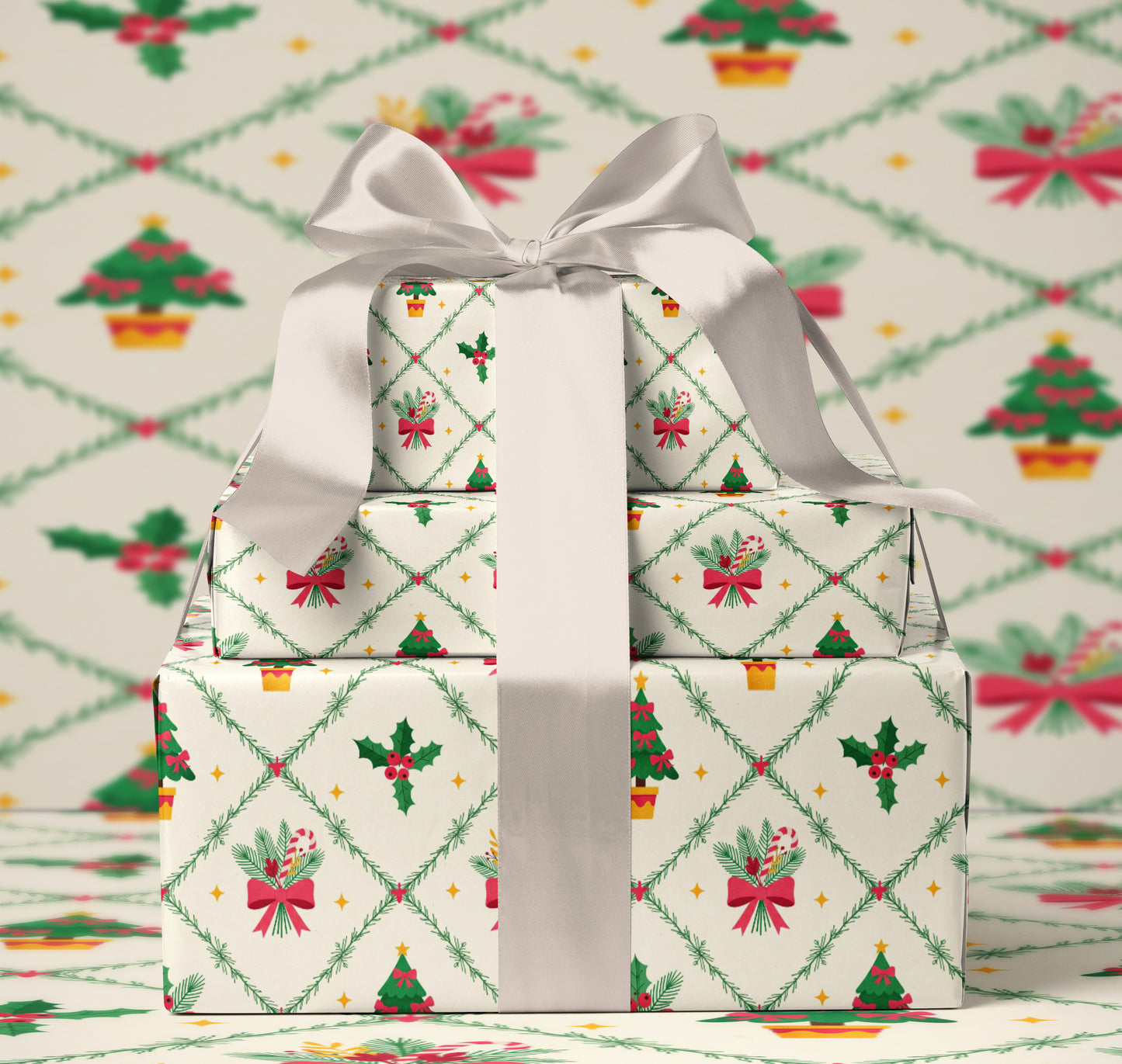 Christmas Wrapping Paper Roll with Trees & Holly