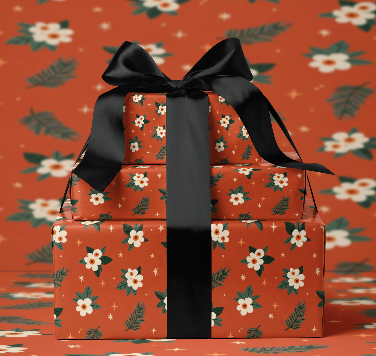 Floral Gift Wrap with Pine & Stars