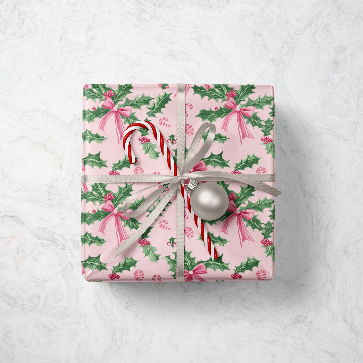 Pink Holly & Bows Christmas Wrapping Paper