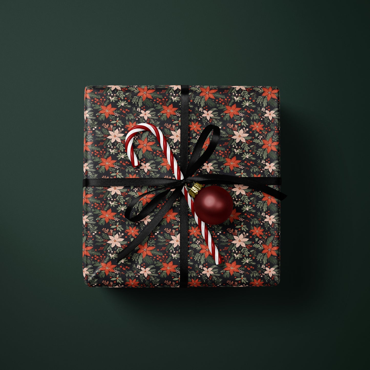 Black Poinsettia Christmas Wrapping Paper