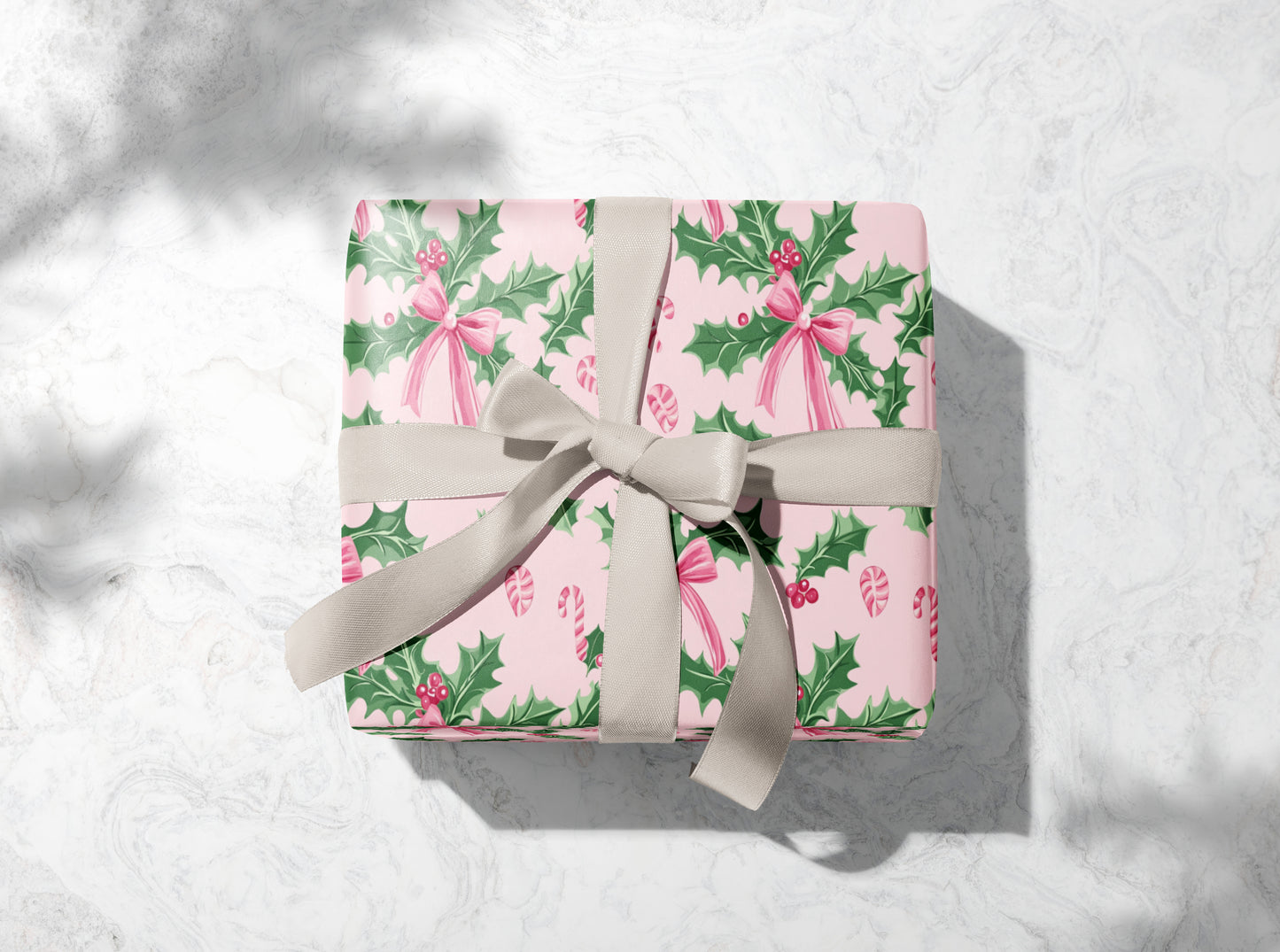Pink Holly & Bows Christmas Wrapping Paper