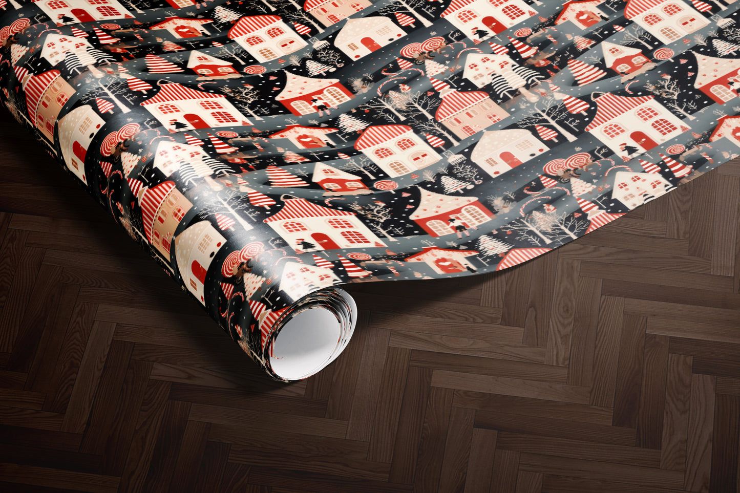 Dark Christmas Village Wrapping Paper