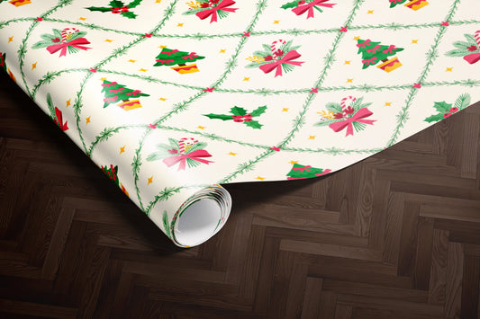 Christmas Wrapping Paper Roll with Trees & Holly