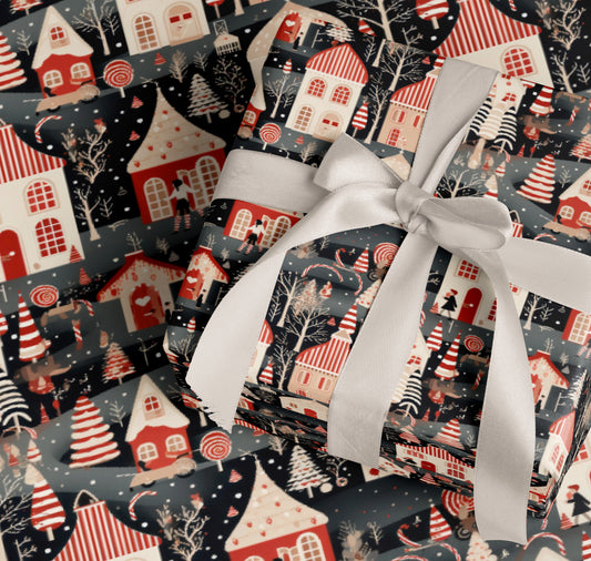 Dark Christmas Village Wrapping Paper