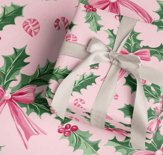 Pink Holly & Bows Christmas Wrapping Paper