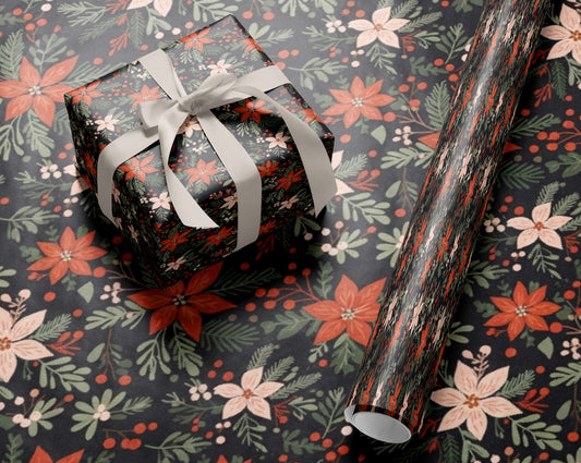 Black Poinsettia Christmas Wrapping Paper