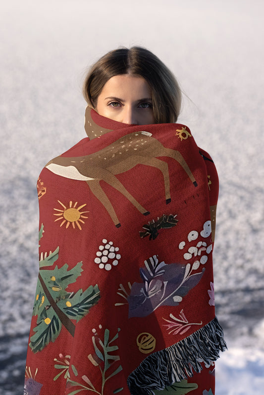 Festive Woodland Deer Christmas Woven Throw Blanket - MagicMerchEmporium