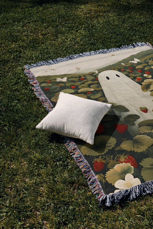 Cottagecore Ghost & Strawberry Woven Throw Blanket - MagicMerchEmporium