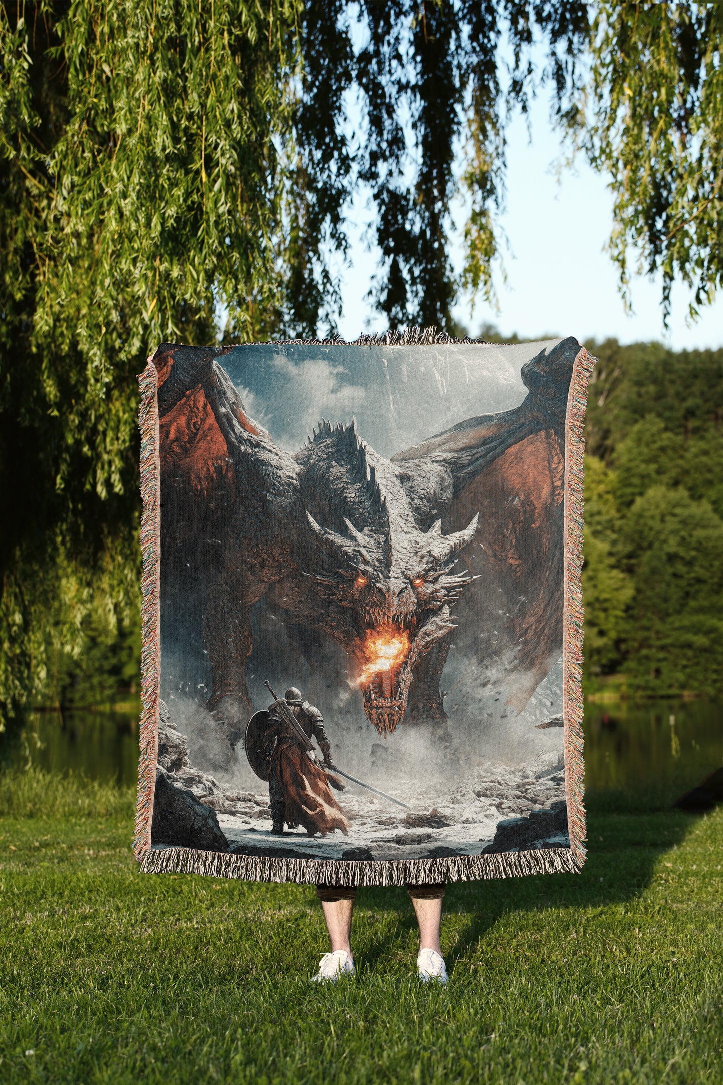 Dragon vs Knight Woven Throw Blanket